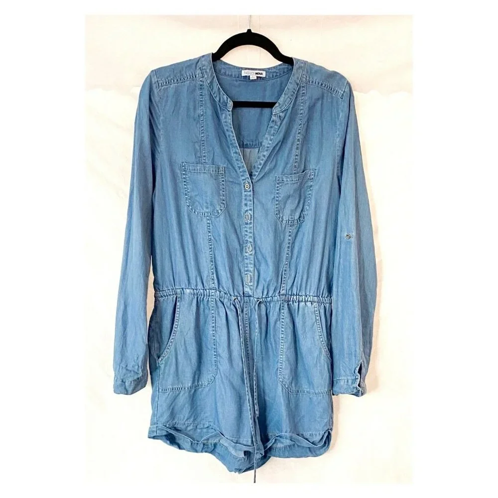 Fashion Nova Water Under The Bridge Chambray Button Front Romper Size Large - Picture 6 of 8